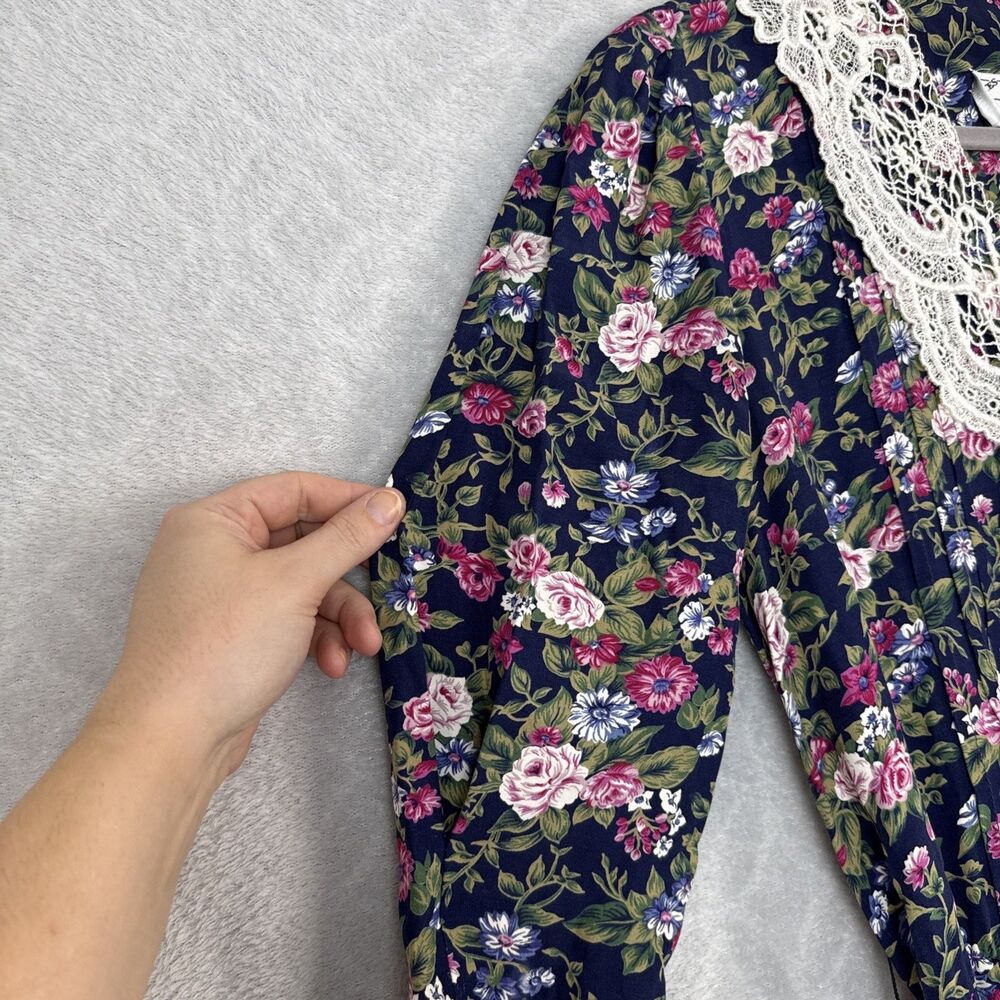 Vtg Floral Midi Dress M Petite Lace Collar Belt Modest Twee Grandma Cottage 80s - Picture 6 of 15